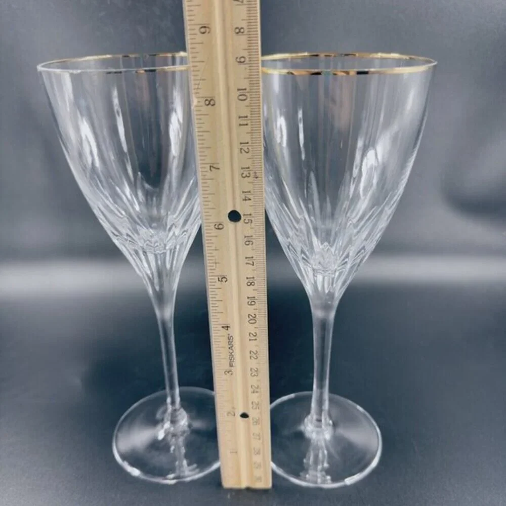 Waterford Marquis Claria Gold Rim Flute Goblet Drinking Glasses Clear 2 Cups Set